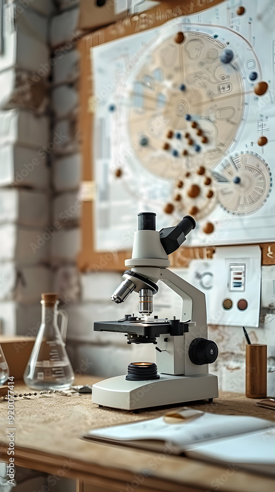 Poster researcher with microscope and data analyzing, symbolizing innovation in science and business
