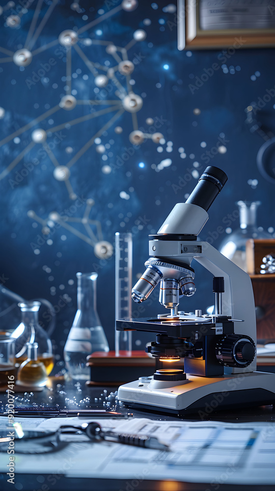 Poster research team using microscope and analyzing data. dreamy background with space for text or graphics