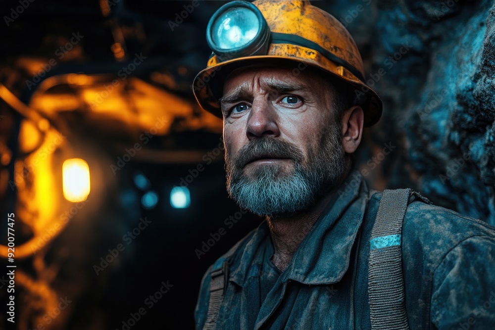 Poster a man in a yellow helmet is standing in a dark cave. he is looking at the camera with a serious expr