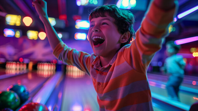 Excitement and Neon Lights: Boys Cheering at the Alley
