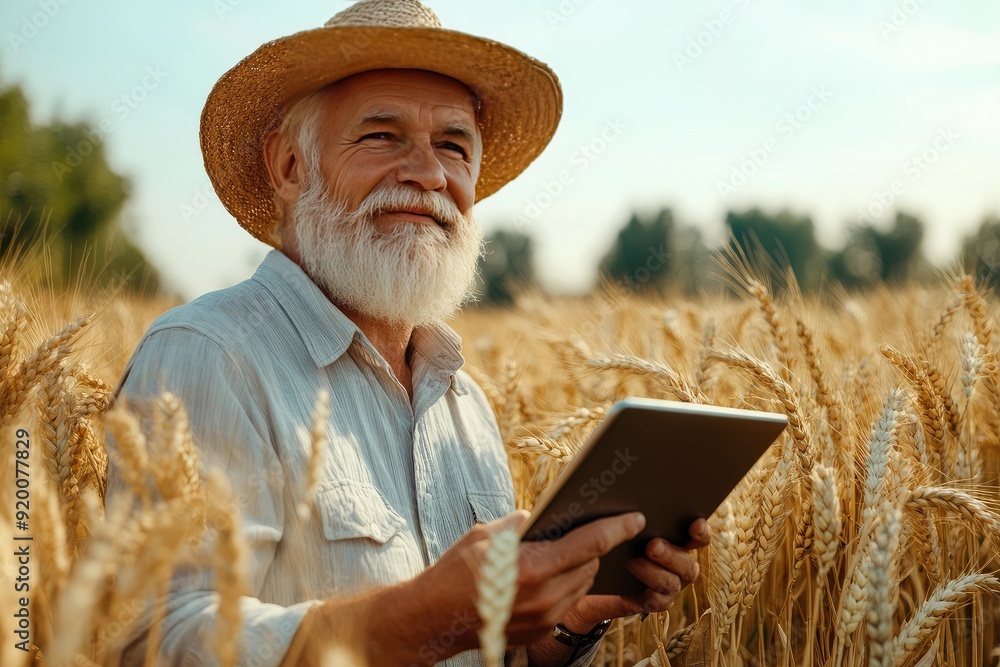 Poster a man in a straw hat is sitting in a field of wheat and holding a tablet. he is smiling and he is en