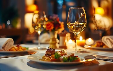 Table served for dinner in a restaurant with glasses of white wine and appetizers