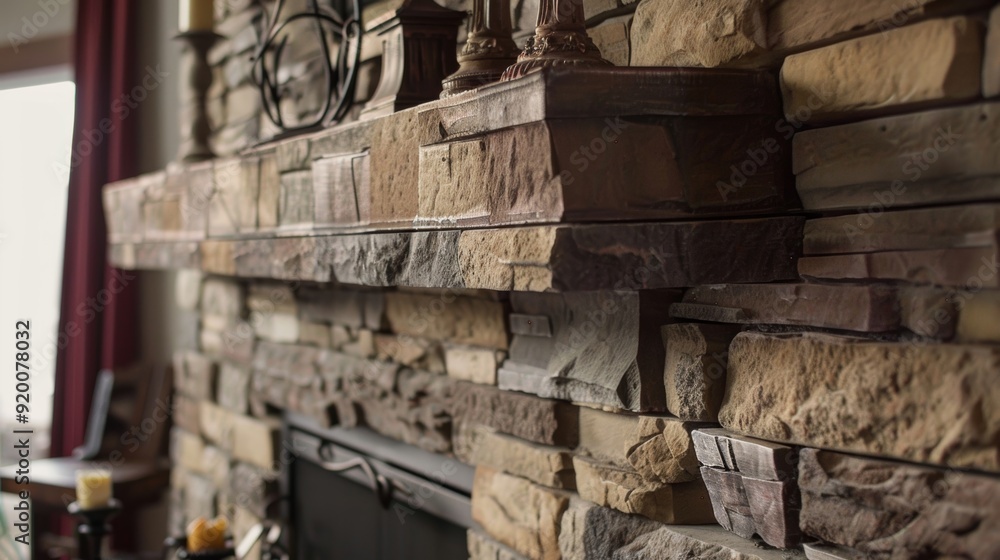 Aufkleber a traditional stoneclad fireplace mantel featuring a combination of stacked stone and bricks adding 