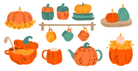 Kitchen autumn set of dishes in the shape of a pumpkin,tea set, cup, tureen, candles. Vector cozy illustration. All hallows eve party symbol hot beverage in orange pumpkin mug on white background