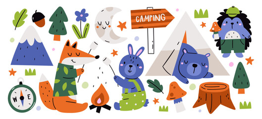 Cute animals hand drawn characters at camping in forest gathering mushrooms enjoying rest and fun