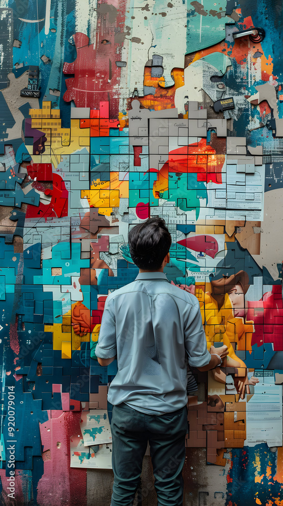 Poster strategist with puzzle and goal graph concept on whimsical background for problem solving and busine