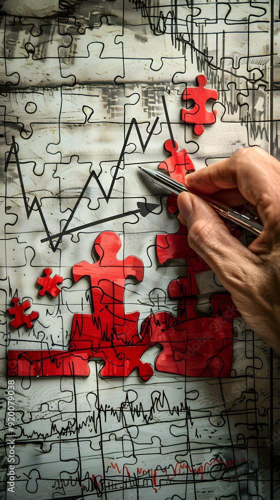 Poster strategist working with puzzle and goal graph in whimsical setting. ideal for problem solving and bu