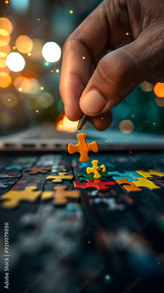 Poster strategist with puzzle and goal graph concept on whimsical background for problem solving and busine