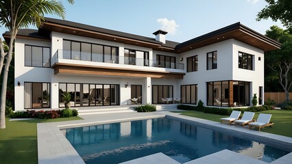 Fototapeta premium A luxurious real estate property with a stunning pool in the backyard, modern architecture