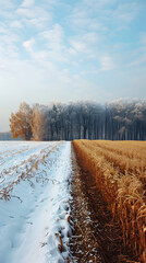 Half tone summer and winter fields landscape with space for text or graphics symbolizing abundance and stillness in stock photo concept.