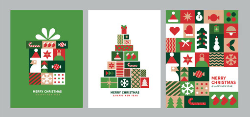 A set of Christmas cards in a geometric style. Christmas tree and gift shape. 