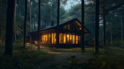 A mansion made of wood in the nighttime forest. A log cabin in the woods.