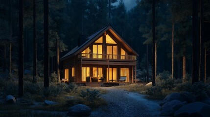 A mansion made of wood in the nighttime forest. A log cabin in the woods.