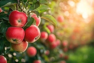 Obraz premium A bunch of red apples hanging from a tree. The apples are ripe and ready to be picked