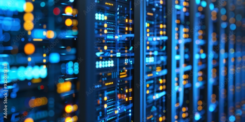 Poster a sleek, modern data center showcasing advanced server racks that are illuminated with vibrant, dyna