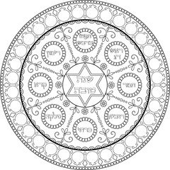 Jewish new year holiday dish plate with names in hebrew illustration. Coloring page for kids, decoration, cover,wall art