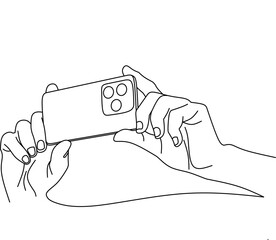 Hand shooting object with the phonecell oneline drawing vector 
