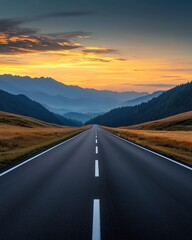 A serene mountain road stretches towards a vibrant sunset, framed by lush hills and distant peaks, inviting exploration and adventure.