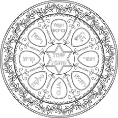 Coloring page of traditional Rosh Hashanah dish plate with hebrew titles. Judaica decorative illustration. Jewish new year theme