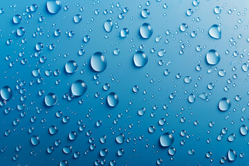 Water drops on blue background. Rain drops on glossy window glass.