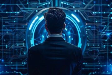 Rear view of hacker using digital interface on blurry city background.