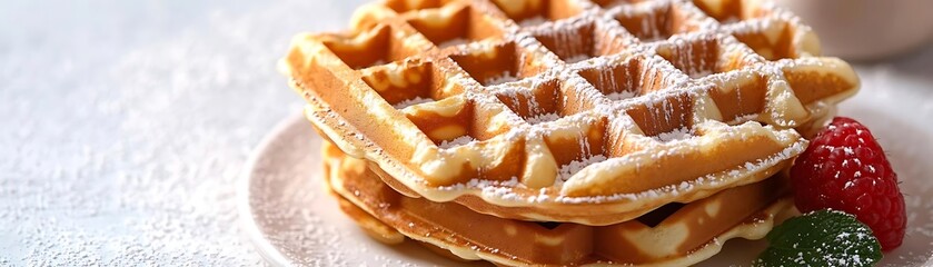 Deliciously Golden Waffles with Powdered Sugar and Raspberry - Food Photography
