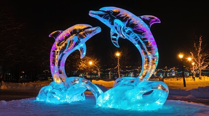 Illuminated ice sculpture of dolphins at night winter festival