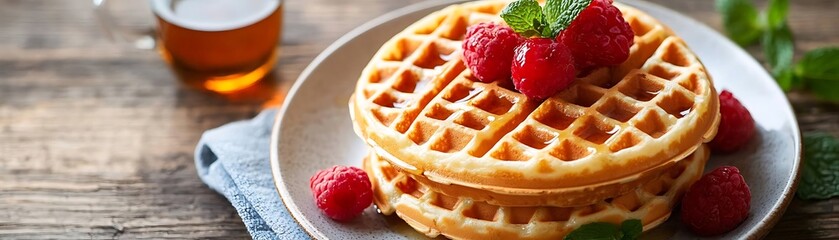 Delicious Golden Waffles Topped with Raspberries and Syrup - Food Photography