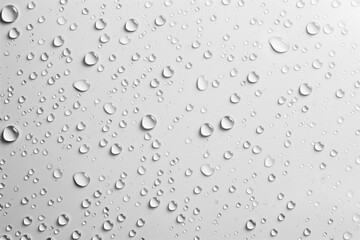 Water drops on white background. Rain drops on glossy window glass.