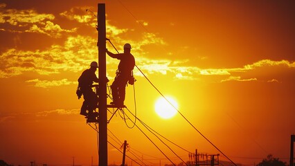 Sunset Silhouette: Power Line Workers at Dusk