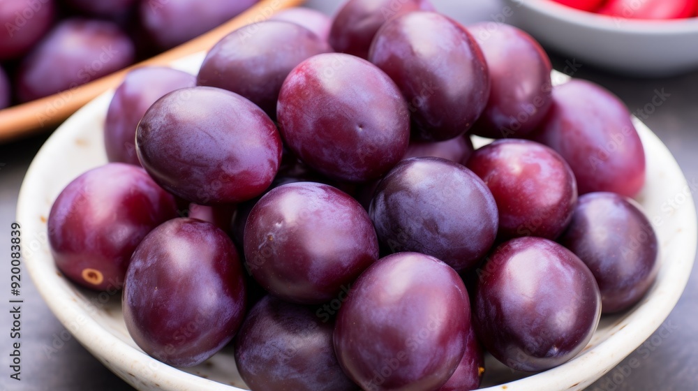 Wall mural Fresh ripe plums on elegant white dish, showcasing fruits in beautifully arranged presentation