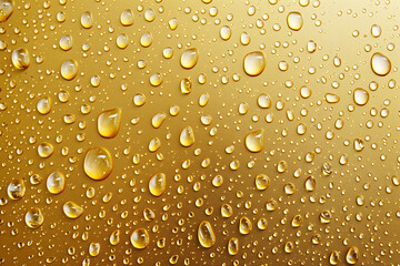 Water drops on gold background. Rain drops on glossy window glass.