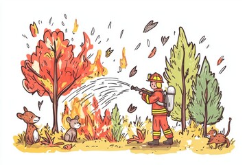 A brave firefighter combats a forest fire, protecting wildlife and greenery with a hose amidst colorful autumn leaves.