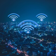 Wi fi network signal over cityscape at night, internet connection concept