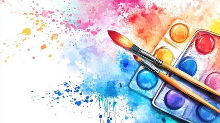 Fototapeta premium Vibrant watercolor palette with brushes, perfect for artistic projects and creative inspiration.