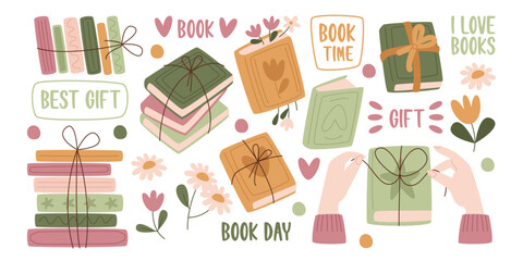 Hardcover paper books stacks tied with twine as best gift for birthday or holiday floral design