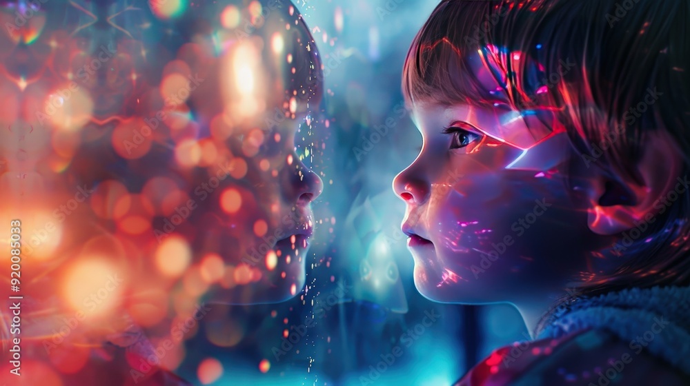 Poster a dreamy child gazing thoughtfully at reflections, with abstract light patterns adding mystery.