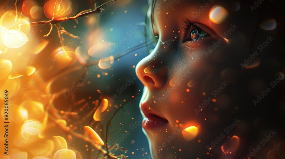 Poster a dreamy child gazing thoughtfully at reflections, with abstract light patterns adding mystery.