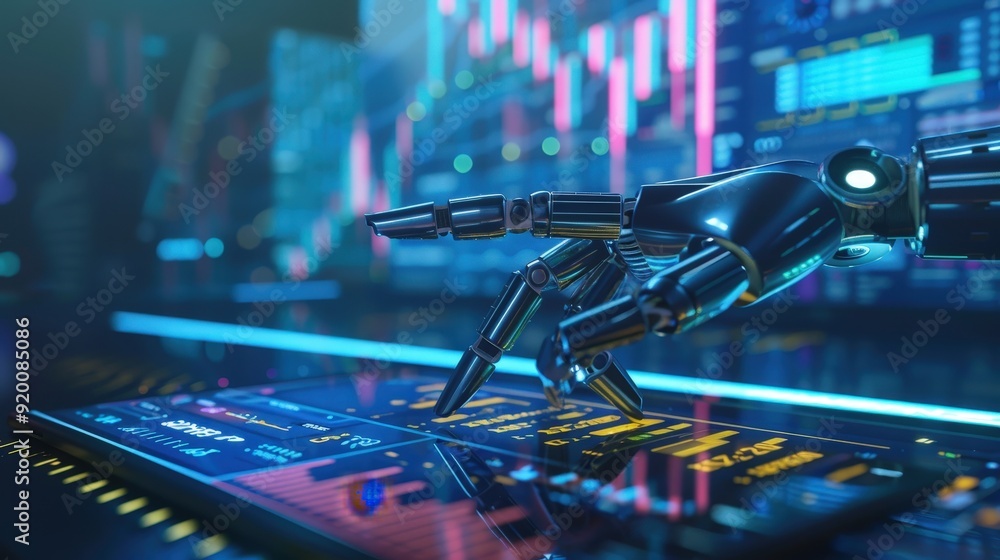 Poster a futuristic workspace with a tablet displaying financial data and a robotic hand holding a stylus.