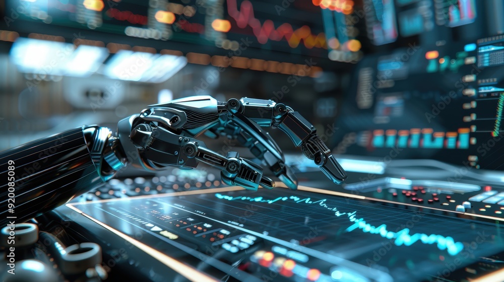 Poster a futuristic workspace with a tablet displaying financial data and a robotic hand holding a stylus.