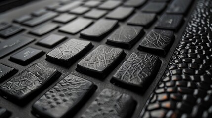 A laptop keyboard with keys that have a soft rubberized texture resembling the bumps on a lizards skin.