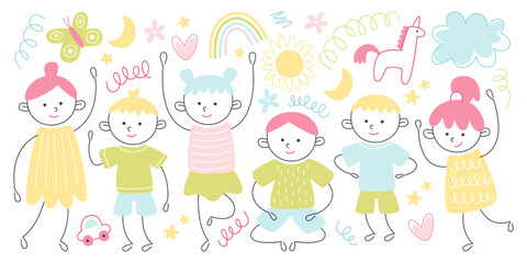 Happy girls and boys kids cute doodle characters jumping and having fun set in hand drawn style