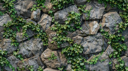 Fototapeta premium A textured stone wall with cracks and ivy growing through the gaps.
