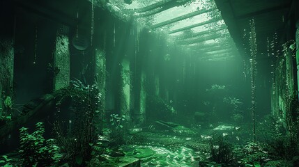 Obraz premium Mystical green forest with sun rays and fog, ideal for storytelling and environmental concepts.