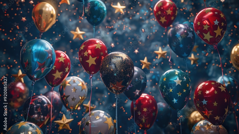 Poster cluster of floating balloons, each with a unique pattern and metallic finish, in a starry sky.