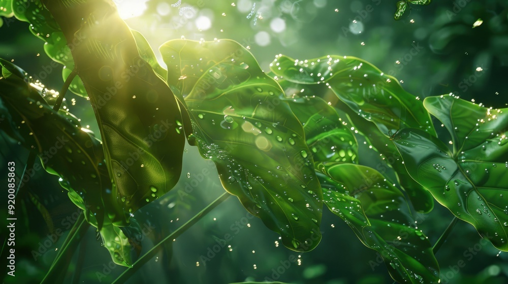 Poster close-up of large leaves with light filtering through. add dewdrops and butterflies fluttering aroun