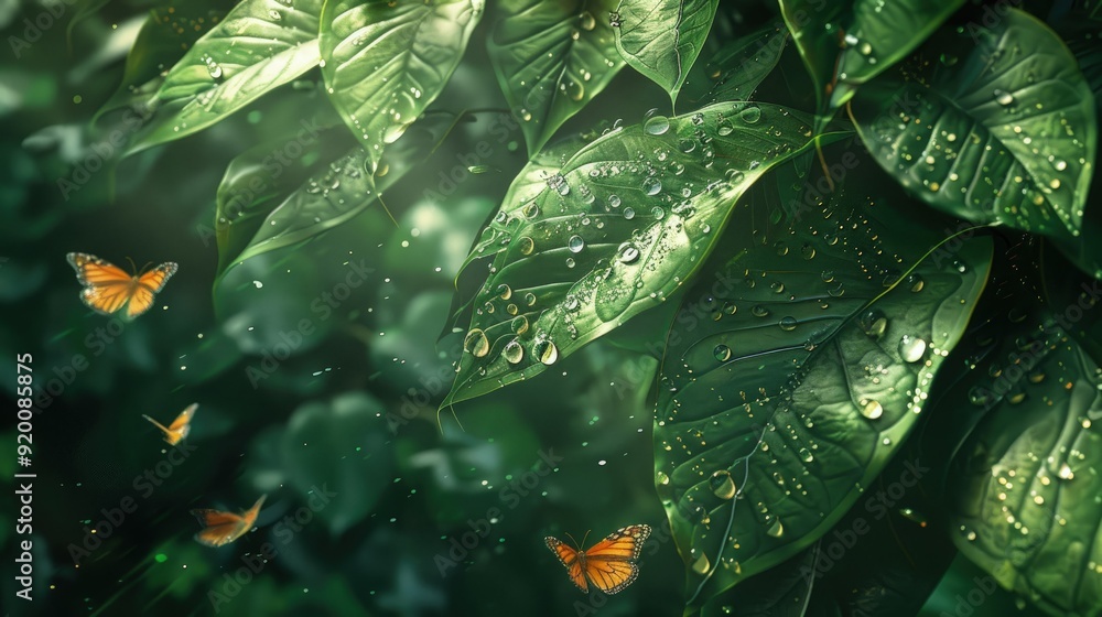 Poster close-up of large leaves with light filtering through. add dewdrops and butterflies fluttering aroun