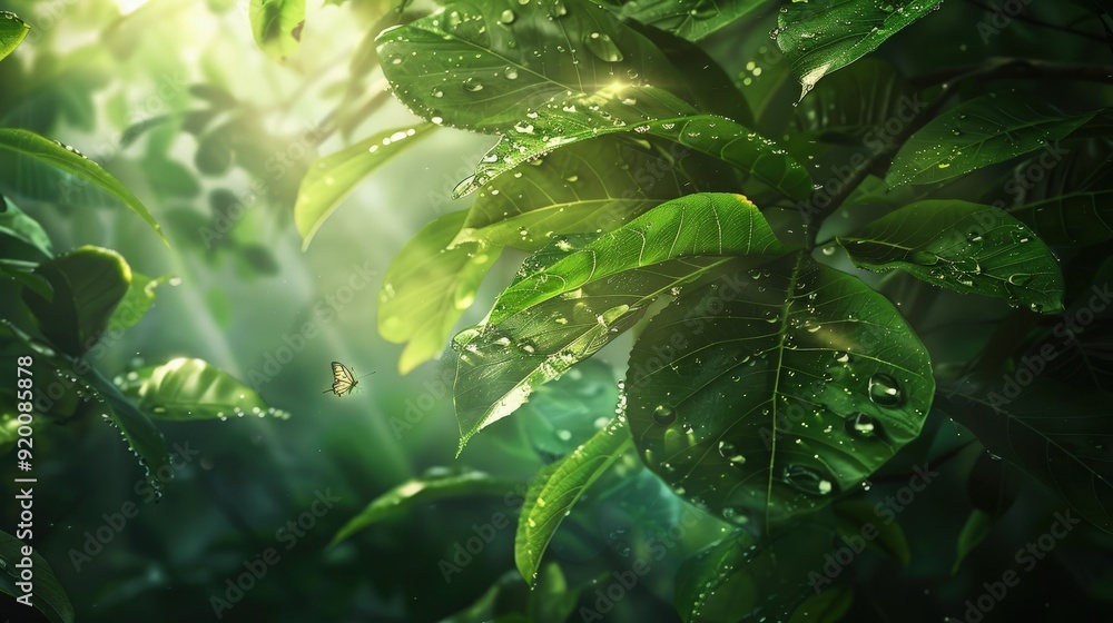 Poster close-up of large leaves with light filtering through. add dewdrops and butterflies fluttering aroun