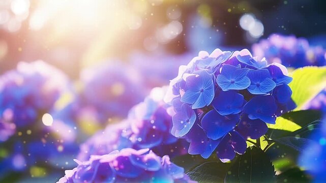 Colorful blue hydrangeas thrive in a sunny garden, showcasing their beauty under the warm rays of springtime sunlight, light bokeh, copy space