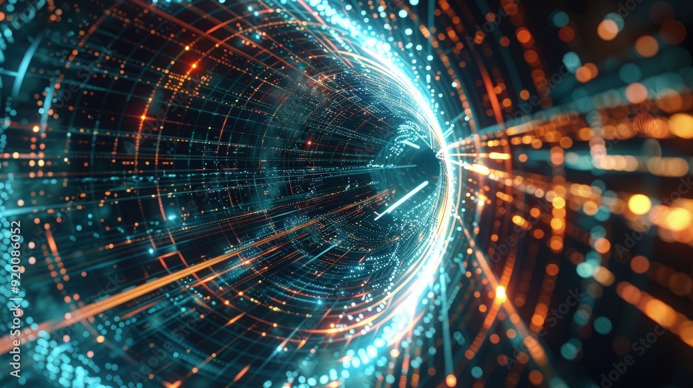 Poster digital matrix vortex - abstract lines and dots forming a tunnel, merging with a futuristic cityscap